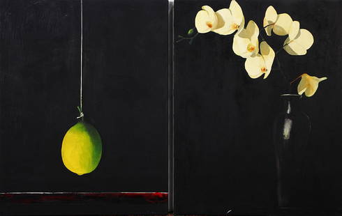 Paintings, Stephen Namara: (lot of 2) Stephen Namara (American, b. 1953), Untitled (Hanging Lemon), 1996, and Untitled (Orchids in a Glass Vase), 1995, oils on canvas laid to boards, Orchids signed lower right, each with artist