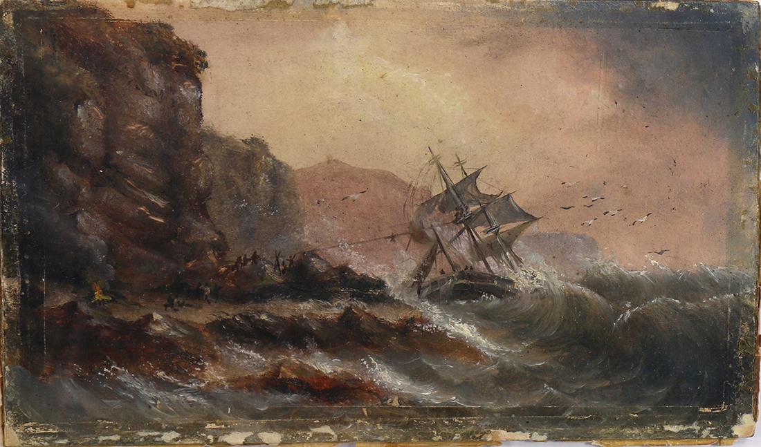 Watercolor, Wreck of Scarboro Rocks: British School (19th century), "Wreck of Scarboro Rocks," watercolor on paper (card stock), unsigned, titled verso, overall (unframed): 5"h x 8.25"w