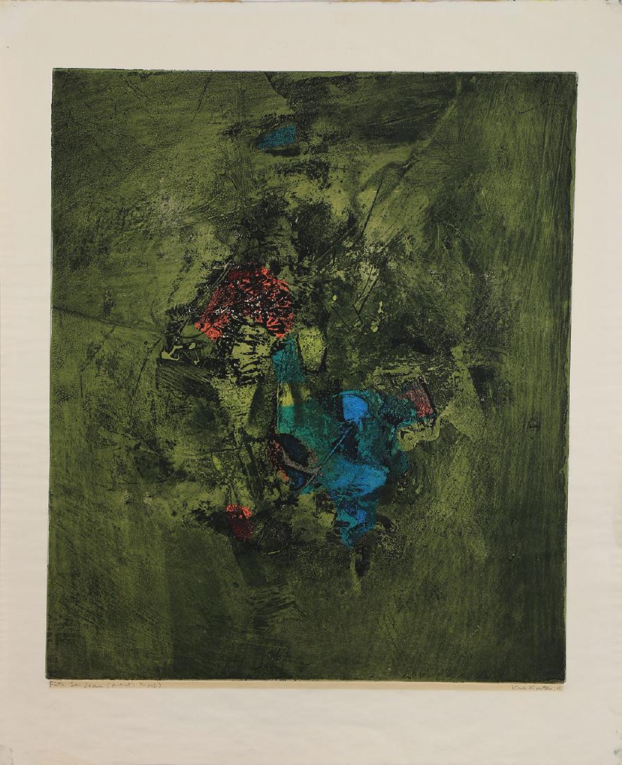 Prints, Karl Kasten: (lot of 3) Karl Kasten ( 1916-2010) "Still Life," 1955, color intaglio print, edition 2/25, image: 12"h x 10"w, sheet: 16"h x 13"w, "Fete St. Jean" 1961, color intaglio, arists proof, image: 21"h x 18