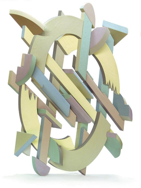 Sculpture John Okulick Californian: Painted wood sculpture, Concord (1985), by John Okulick (Californian 1947-), pencil signed John Okulick and dated 1985 on reverse, John Berggruen Gallery label affixed on reverse, 54''H x 73''W x 8''D