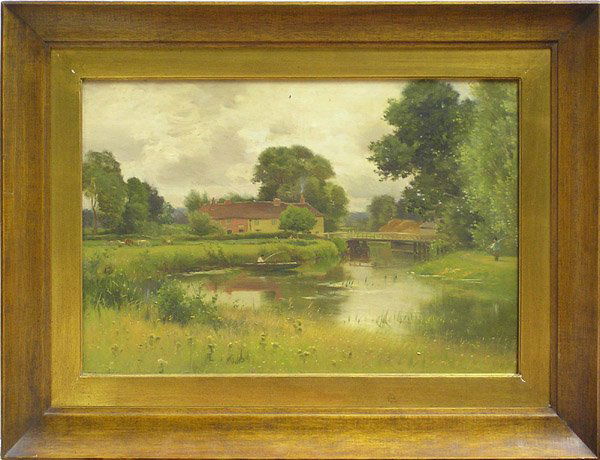 painting Ernest Parton American: Framed oil on canvas, Landscape with Fisherman on the River, by Ernest Parton (American, 1845-1933), signed lower left, sight: 15.75''H x 23.5''W, overall: 24''H x 32''W