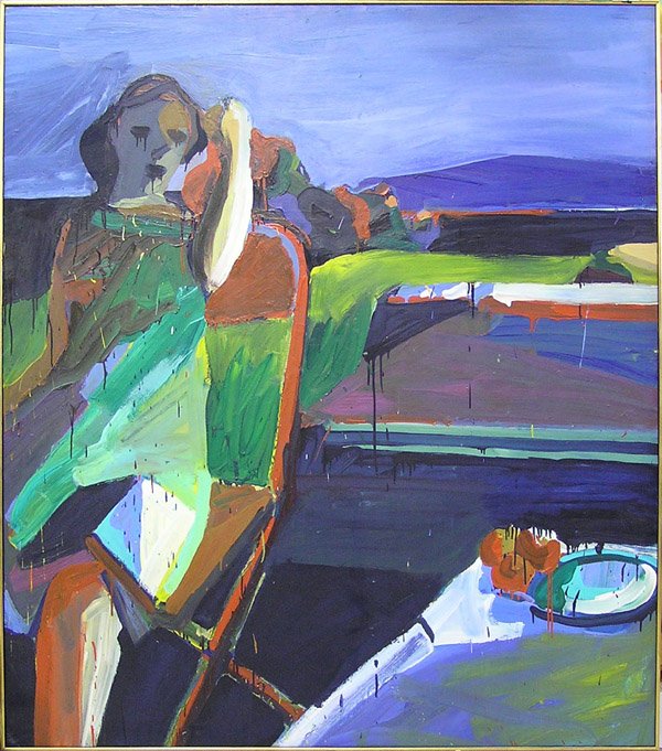 Painting Michael Heizer American: Framed oil on canvas, Landscape with Figure, by Michael Heizer (American 1944-), unsigned, sight: 70.5''H x 64''W, overall: 71.5''H x 64.5''W. Museum deaccession