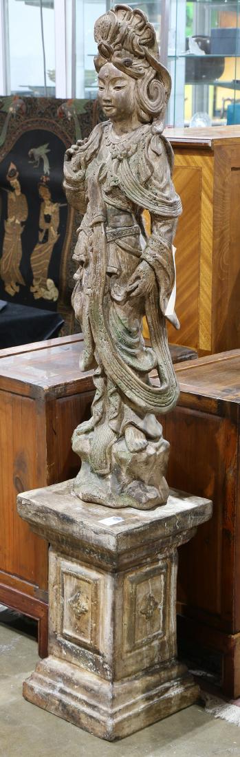 Chinese-style Buddhist Sculpture: Chinese style sculpture of a bodhisattva, the standing figure elaborate attire, raised on a separate pedestal base, figure: 38"h