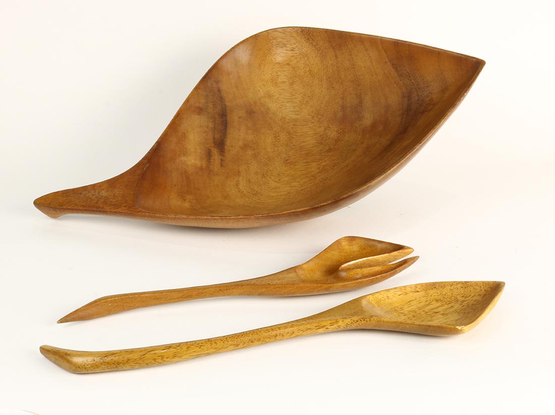 Haitian wood turned salad bowl: (lot of 3) Haitian wood turned salad bowl, with (2) serving utensils, bowl, 4"h x 21"w x 12"d