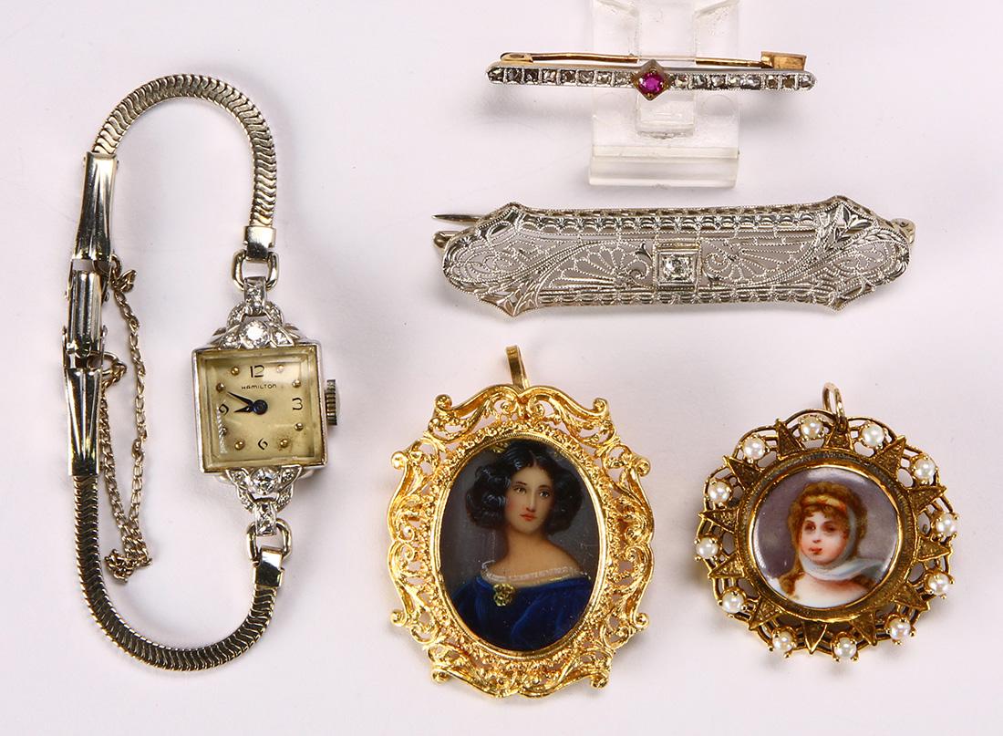 Painted portraits, diamond, cultured pearl, ruby, gold (1 of 2)