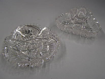 2 brilliant cut candy dishes: Two brilliant cut candy dishes, each having hobstar patterns and sawtooth rims, approx 7" and 5"