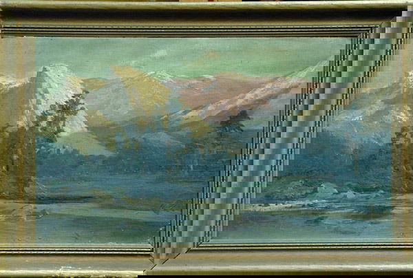 William Keith, Sierras, Californian, oil: "Framed oil on canvas mounted to board, In the Sierra by William Keith (Californian 1838-1911). Provenance: Rose Sedgwick Keith, Los Gatos, Anna Ketcham Israel, Stockton (first cousin of R.S.K), Clare