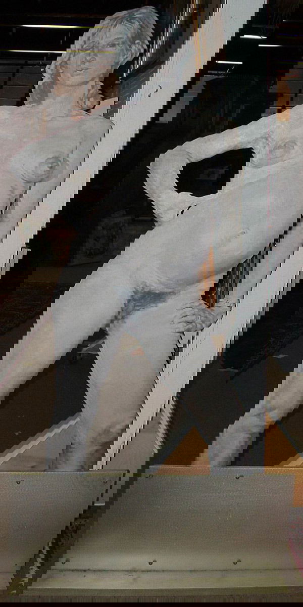 Larry Johnson, nude, Californian, late 20th: Acrylic on aluminum sculpture, Pregnant Female Nude, by Larry Johnson (American 1935-), 72"H x 36"W x .25"D