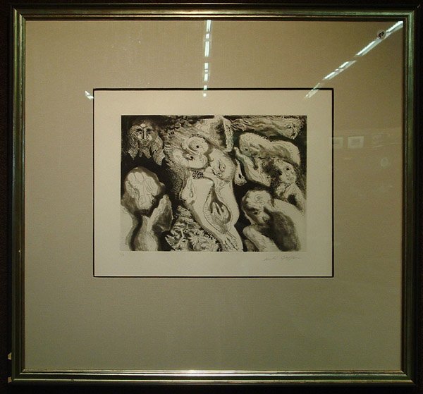 Andre Masson, etching, surrealism: Framed aquatint and drypoint, Surrealistic Figures, by Andre Masson (French 1886-1987), #43/50, signed lower right, plate: 11.25''H x 15.25''W, framed: 31.5''H x 33.5''W x .75''D