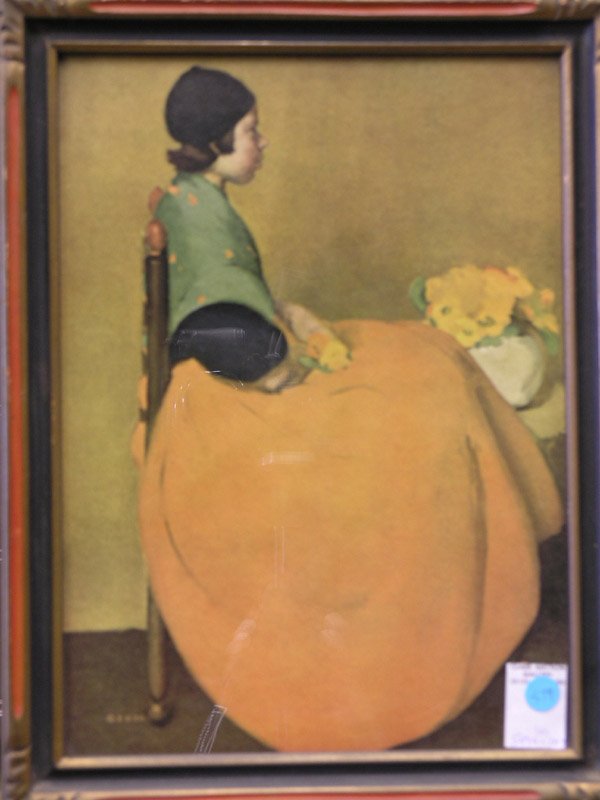 After Wylog Fong, Lennard Jirlow, lithograph: (lot of 3) Framed offset print, Young Chinese Girl, after Wylog Fong; Framed offset print depicting a young Dutch lady.; Framed lithograph, Family Picking Flowers, by Lennart Jirlow (Swedish 1936-) si