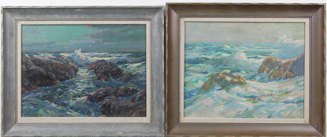 Paintings by Karl Schmidt: (lot of 2) Karl Schmidt (American, 1890-1962), Untitleds (Seashore), oils on board, one (1) signed verso, museum title label with reference number (S21.5 and S21.4), affixed verso, boards: 12.25"h x 1