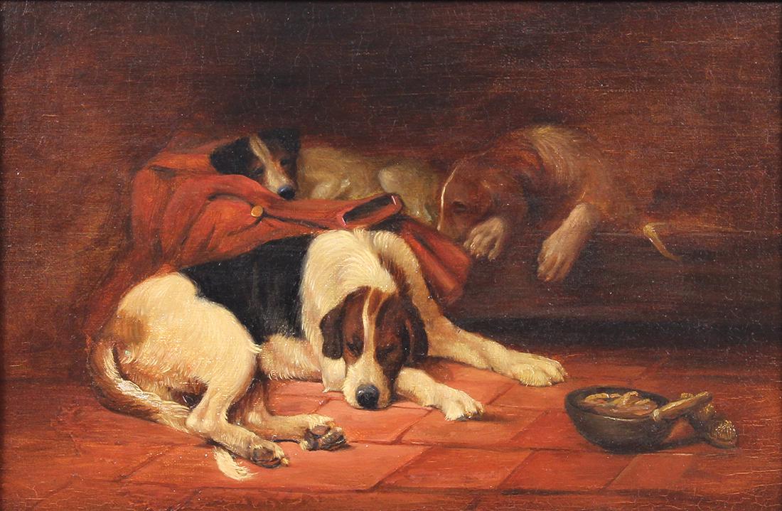 Painting, Dogs in a Stable, circa 1880: British School (19th century), Dogs in a Stable, circa 1880, oil on canvas, unsigned, canvas: 8"h x 12"w, overall (with frame): 13.5"h x 17.5"w