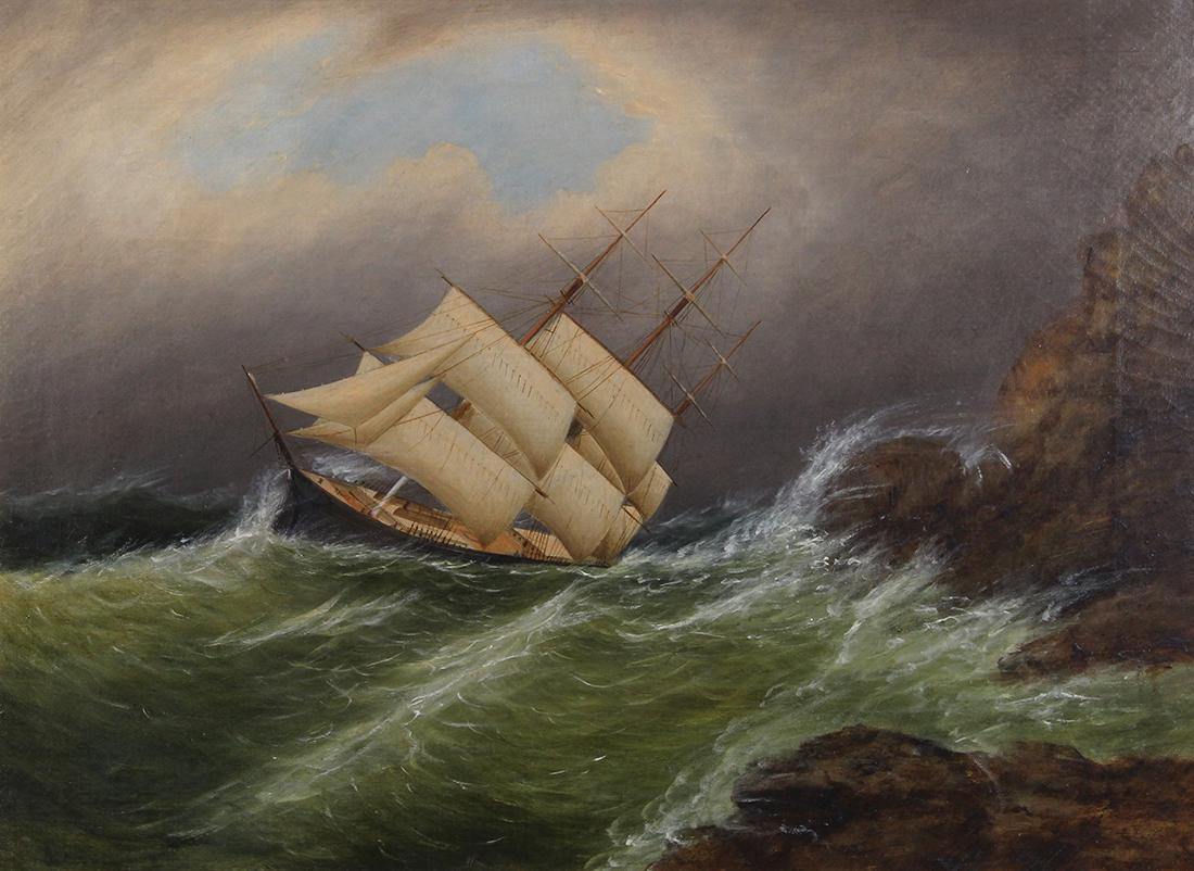 Painting, Circle of Clement Drew: Circle of Clement Drew (American, 1806-1889), Ship Weathering a Storm, oil on canvas, unsigned, canvas: 22.5"h x 30"w, overall (with frame): 28.75"h x 36.75"w