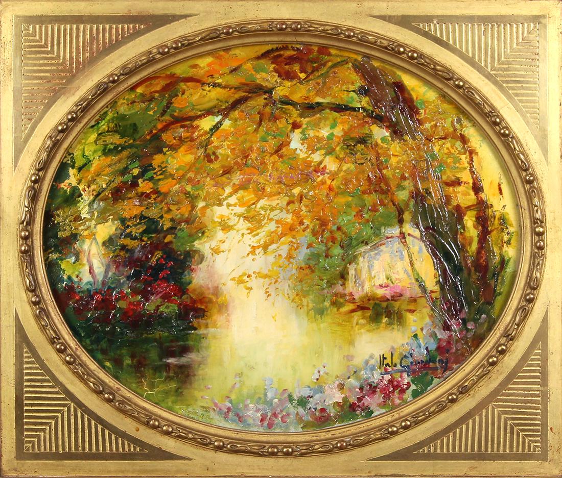Painting, Italo Giordani: Italo Giordani (Italian, 1882-1956), Autumn Pond Scene, oil on board, signed lower right, board: 16"h x 20"w, overall (with frame): 27.75"h x 30.75"w