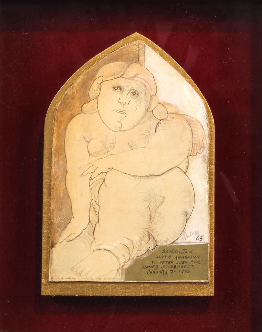 Mixed Media, Jose Luis Cuevas: Jose Luis Cuevas (Mexican, 1934-2017), Enigmatic Nude Woman, 1966, mixed media on paper mounted on wood, signed, dated, and dedicated lower left, image: 7.5"h x 5"w, overall (with frame): 13" x 11.25"