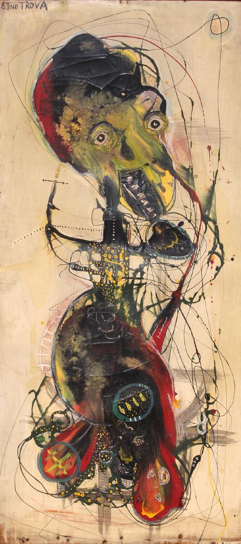 Mixed media, Ernest Tino Trova: Ernest Tino Trova (American, 1927-2009), Green Man, oil and watercolor on paper (laid down on board), signed lower right, sight: 51.5"h x 23"w, overall (with frame): 56.25"h xx 27.5"w