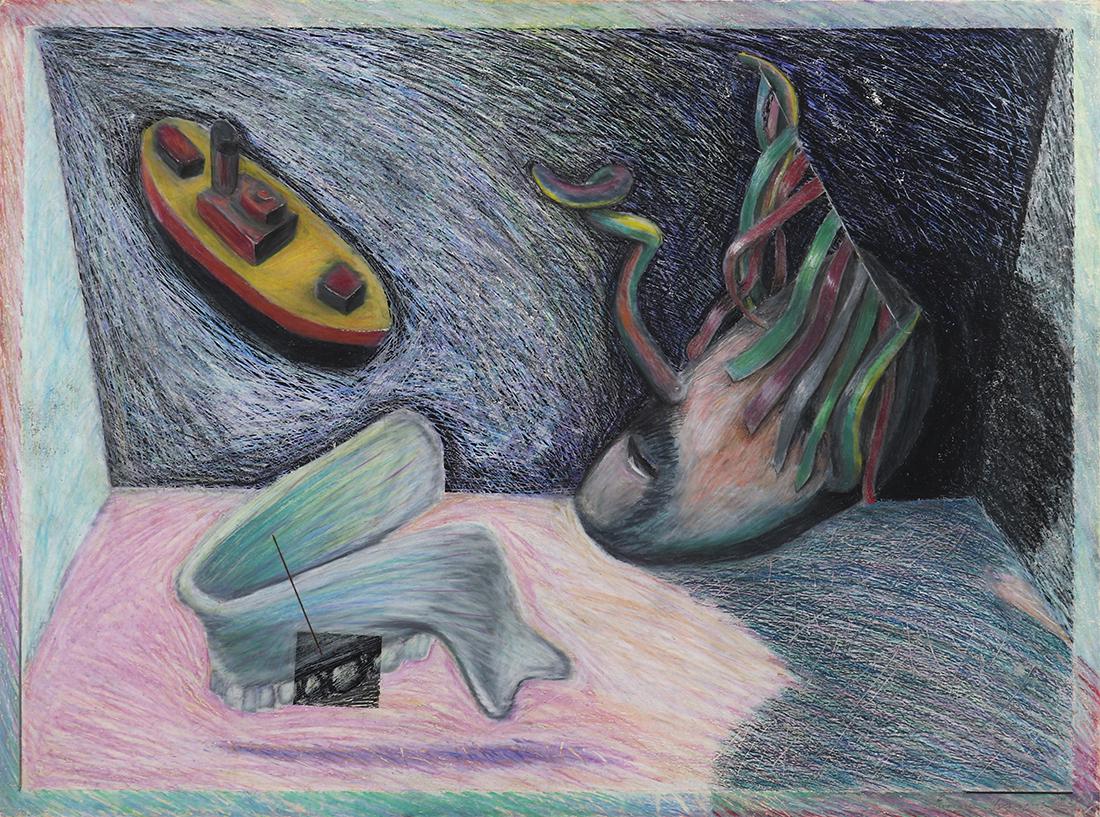 Work on Paper, Enrique Chagoya: Enrique Chagoya (Mexican/American, b. 1953), Tug Boat, 1983, pastel on paper board, signed and dated lower right and numbered XIII, sheet: 22" x 30"w, overall (with frame): 27.75"h x 35.75"w