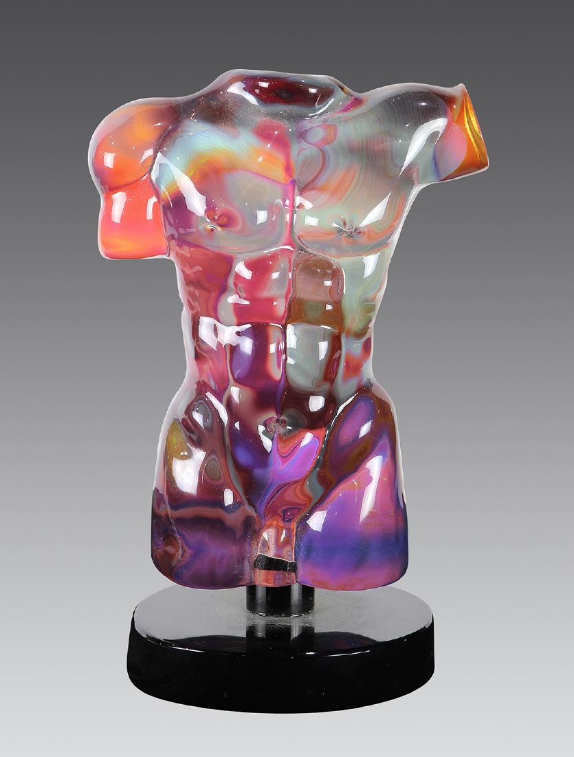 Dino Rosin (b. 1948) Murano glass male figural: Dino Rosin (b. 1948) Murano glass male figural sculpture, "Adonis" executed in calcedonia glass in crimson to clear, with indigo accents, depicting a nude torso rising on an oval base etched Dino Rosi