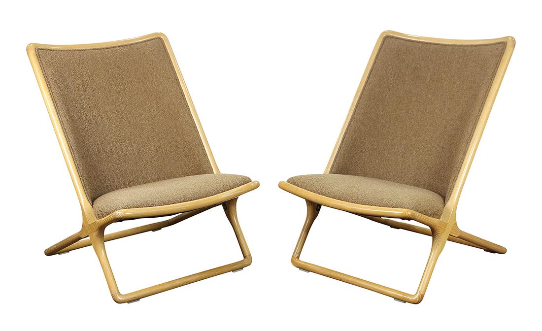 Pair of Ward Bennett scissor chairs by Brickel: Pair of Ward Bennett scissor chairs by Brickel Associates circa 1965, having an ash scissor form frame and covered in beige fabric, 35"h x 25"w x 26"d