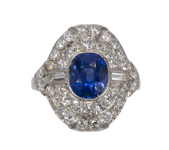 Art Deco Kashmir sapphire, diamond and platinum ring: Art Deco Kashmir sapphire, diamond and platinum ring Centering (1) oval-cut Kashmir sapphire, weighing approximately 2.30 cts., accompanied by an AGL Report #1092955, Dated June 21, 2018, stating Kash