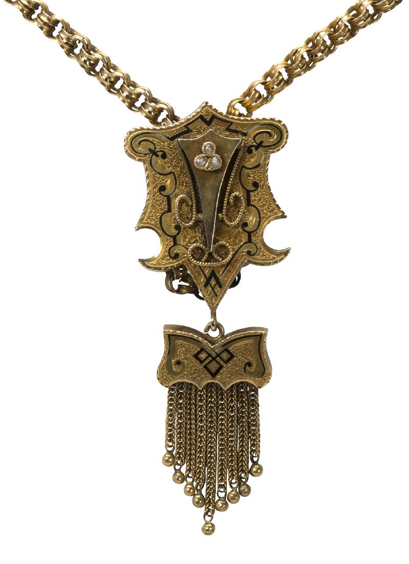 Victorian pearl, enamel and 14k yellow gold slide (1 of 4)