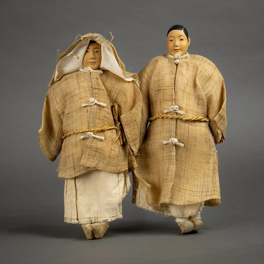 Chinese Door of Hope Dolls, Mourners: Pair of Chinese Door of Hope dolls, a couple in mourning dress in traditional attire composed of hemp and muslin, largest; 11.25"h