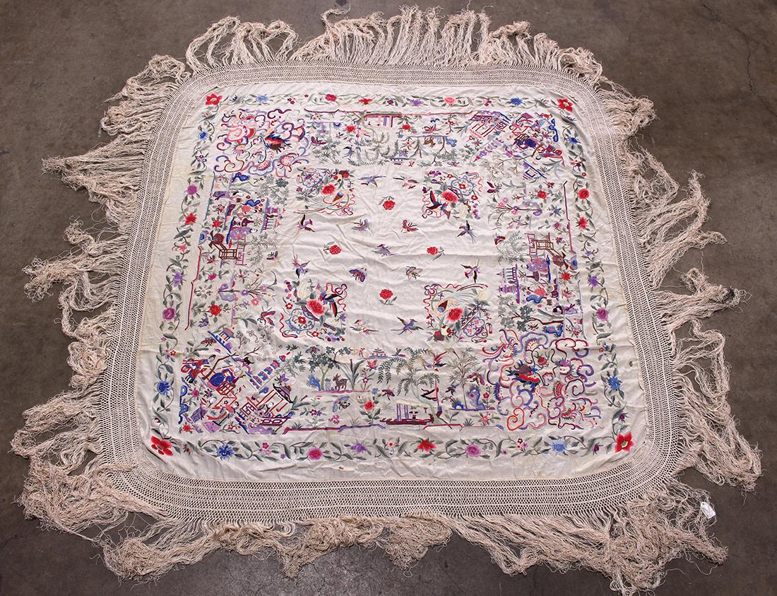 Chinese Embroidered Silk Piano Shawl: Chinese embroidered silk piano shawl, executed in bright threads of figures amid birds and flowers on a cream colored ground, 55.5"w