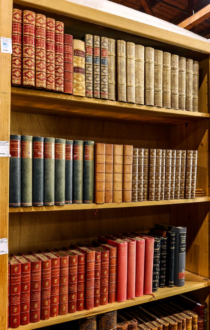 (lot of approx. 66) Three shelves of books relating to: (lot of approx. 66) Three shelves of books relating to literature and history, many leather bound, including Les Miserables; The Happy Days of the Empress Marie Louise; Keat's Poetical Works, Philadel