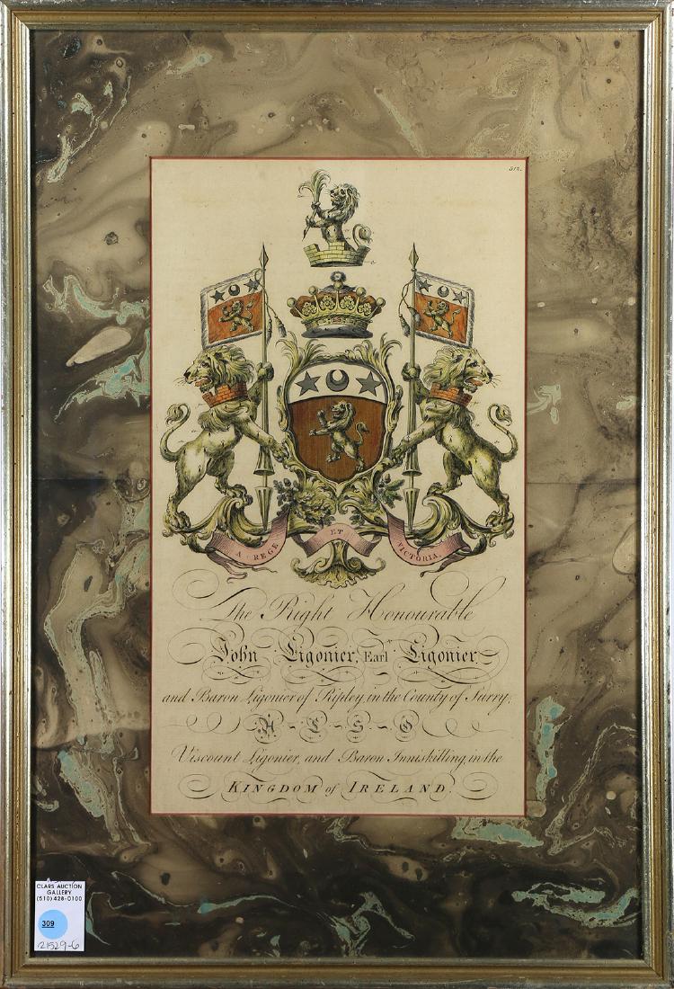 Irish coat of arms, 19th Century, reading "The Right: Irish coat of arms, 19th Century, reading "The Right Honourable John Ligonier, Earl Ligonier and Baron Ligonier of Ripley in the County of Surry, Viscount Ligonier and Baron Inniskilling in the Kingdo