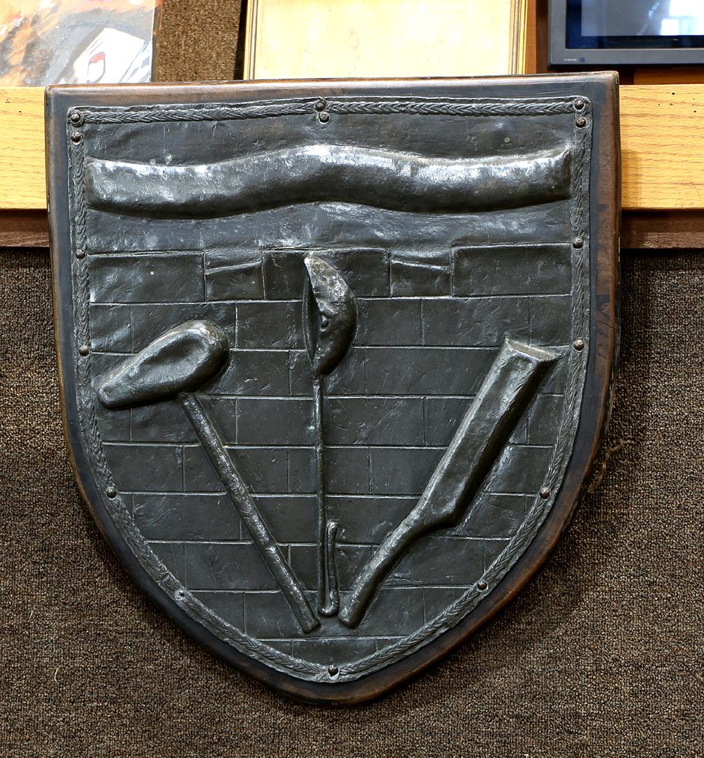 Bronze on wood blacksmith plaque, depicting metal: Bronze on wood blacksmith plaque, depicting metal working tools, 27"h x 24"w