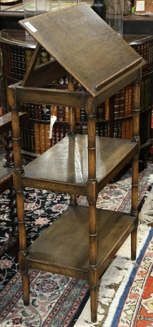 Georgian style oak tiered music or reading stand,: Georgian style oak tiered music or reading stand, having a hinged rectangular top, above two lower tiers, and rising on turned legs, 38"h x 22"w x 14.5"d
