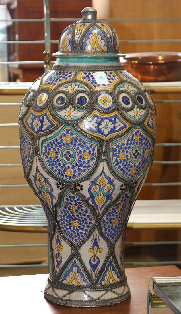 Large Middle Eastern ceramic vessel with metal overlay,
