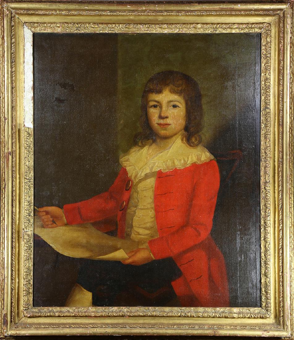 Painting, Follower of Thomas Gainsborough: Follower of Thomas Gainsborough (British, 1727-1788), Portrait of a Young Man in a Red Coat, oil on canvas, unsigned, overall (with frame): 37"h x 32"w