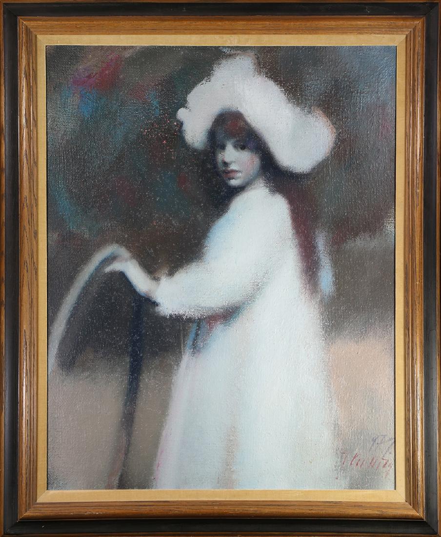 Painting, Portrait of a Girl with a Hoop: Eastern European School (19th/20th century), Portrait of a Girl with a Hoop, oil on burlap, signed indistinctly lower right, overall (with frame): 36"h x 30"w