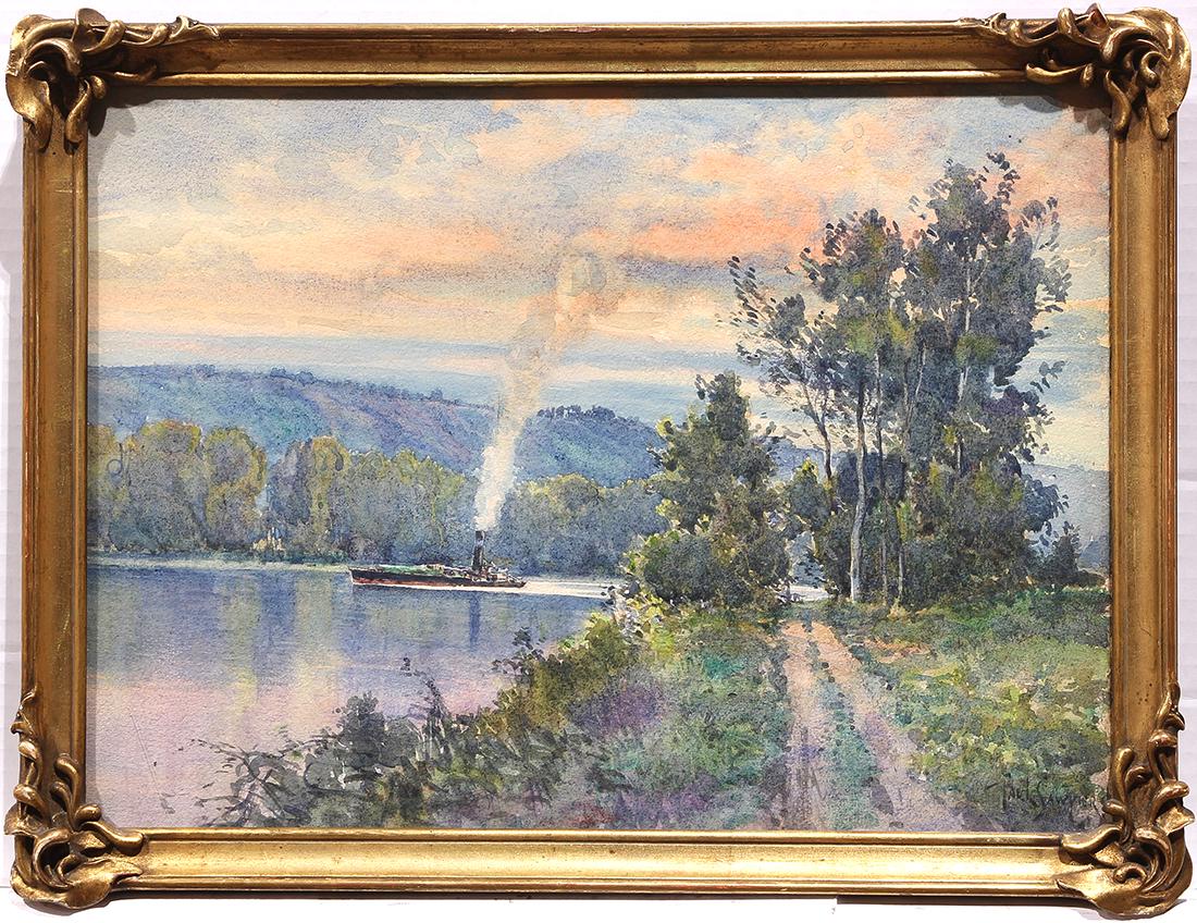 Watercolor, Follower of Paul Sawyier: Follower of Paul Sawyier (American, 1865-1917), Untitled (Boat on a River), watercolor, bears signature lower right, sight: 10.5"h x 14.5"w, overall (with frame): 12.5"h x 16.5"w