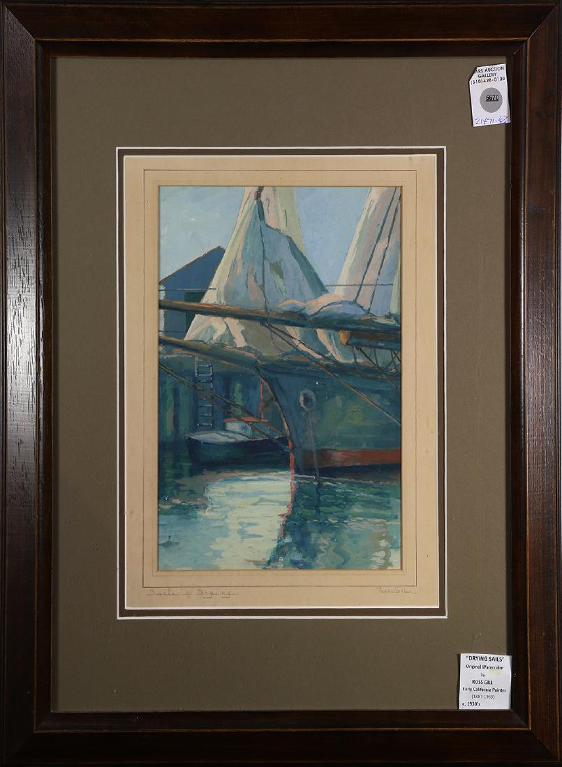 Painting, Ross Gill: Ross Gill (American, 1887-1969), “Sails a Drying," watercolor and gouache, signed in pencil (on mat) lower right, titled (on mat) lower left, overall (with frame): 23”h x 19”w