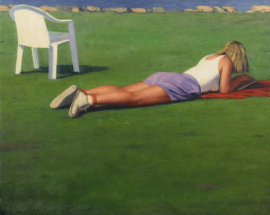 Painting, William Glen Crooks: William Glen Crooks (American, b. 1952), Reading at Grass' Edge, 1995, oil on canvas, signed and dated lower left, canvas: 16"h x 20"w, overall (with frame): 18.25"h x 22.25"w