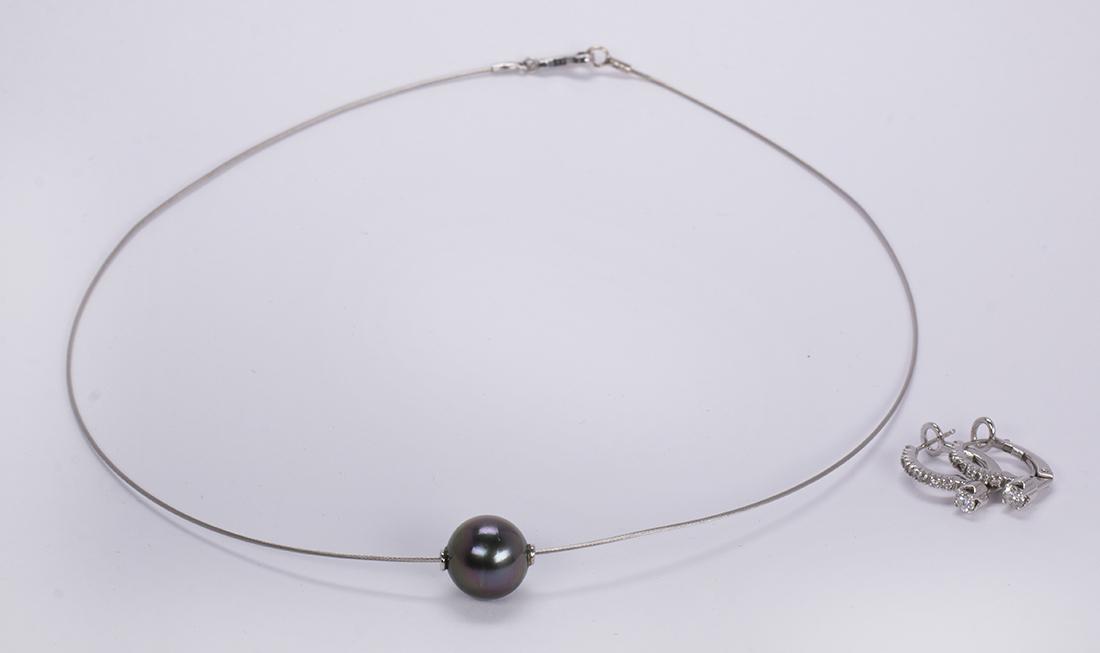 Tahitian cultured pearl, diamond and 14k white gold: Tahitian cultured pearl, diamond and 14k white gold jewelry suite Including 1) Tahitian cultured pearl and 14k white gold slide woven cord, 16 inch necklace; together with 1) pair of diamond hinged ho