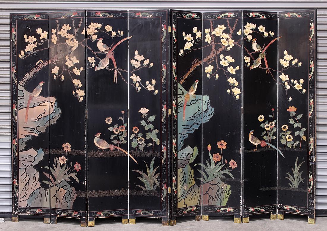 Chinese Eight Panel Wood Screen, Birds/Flowers (1 of 6)