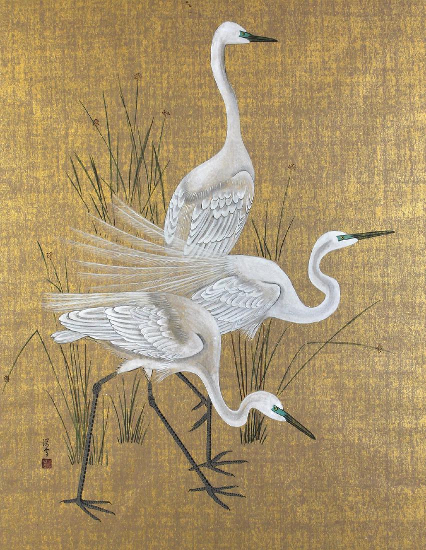 Japanese Painting, Egrets and Reeds: Japanese painting, tempera on gilt paper,depicting three egrests and reeds, lower left with the signature [Shinsetsu/Miyuki] and seal, sight:36"h x 27.75"w, frame: 46"h x 37.75"w