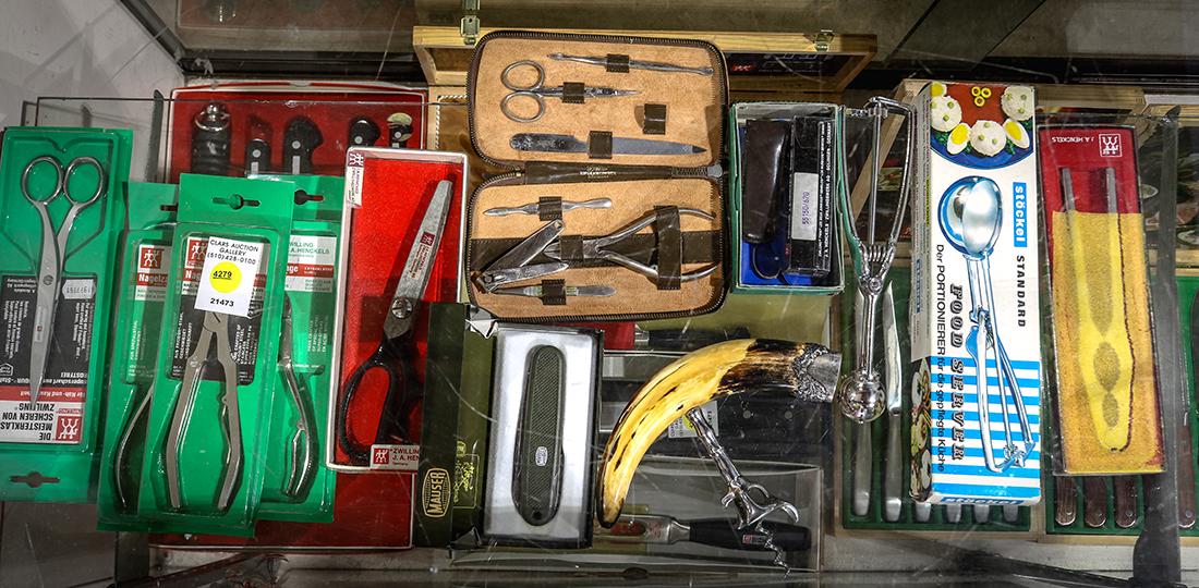 German tool group, consisting of pairs of Henckels: (lot of 10) German tool group, consisting of (3) pairs of Henckels nail clippers, a nutcracker, a pair of fashion shears, pinking shears, manicure kit, antler bone cork screw, together with a Stockel 