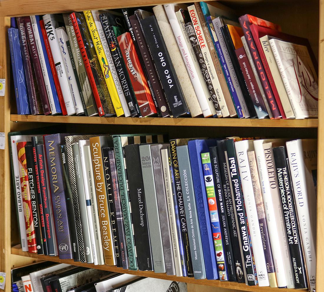 Two shelves of books mostly relating to art and design: Two shelves of books mostly relating to art and design, including Marcel Duchamp, Sculpture by Bruce Beasley, Roy De Forest, A Journey to the Far Canine Range and the Unexplored Territory Beyond Terri