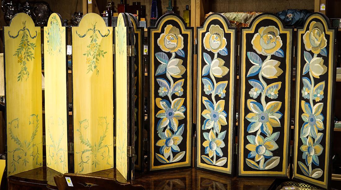 Pair of folk art five panel painted screens (1 of 1)