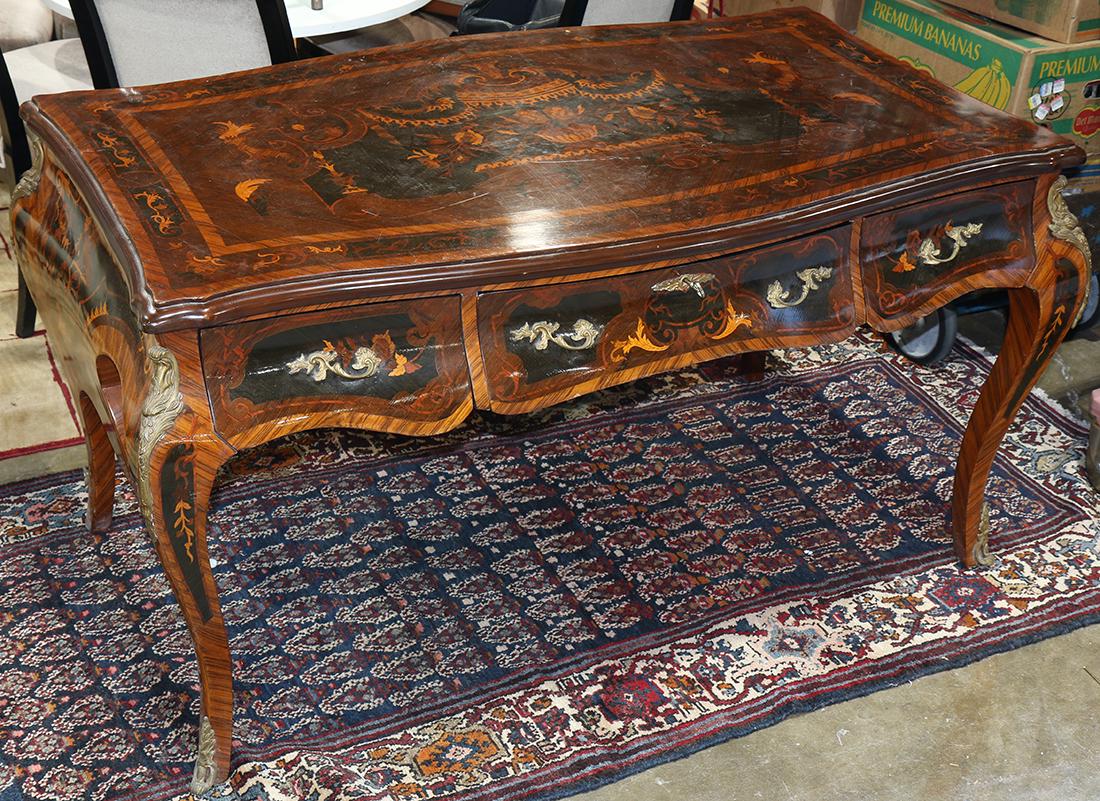 Louis XV style inlaid bombe desk, having a shaped top (1 of 2)