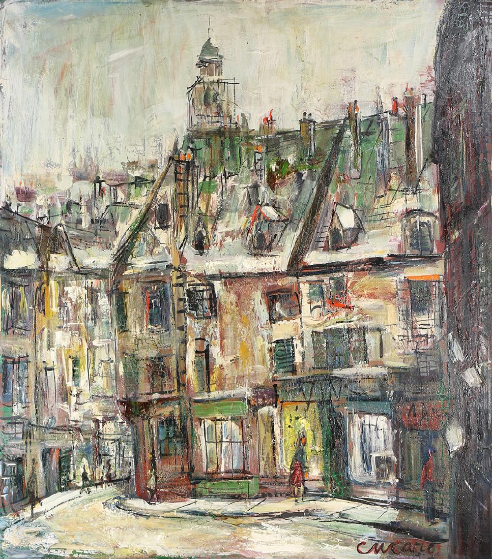 Painting, Pascal Cucaro: Pascal Cucaro (American, 1915-2004), Street Scene with Figures, oil on canvas, signed lower right, canvas (unframed): 34"h x 30"w