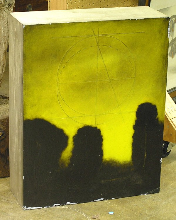 sculpture Brad Durham Californian: Sculpture with oil on etched lead on cast stone, ''Non Discursive Understanding #3'' (1989), by Brad Durham (Californian 20th century), signed, numbered, and dated verso, dimensions: 28''h x 22''w x 8