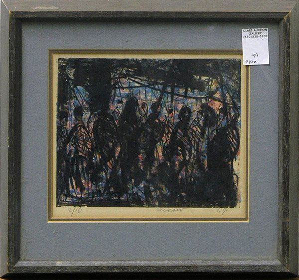 print Pascal Cucaro American: Framed color lithograph, Figures, by Pascal Cucaro (Californian, 1915-2004), pencil signed and dated Cucaro '69 lower right, ed. 2/10, plate: 7.25''h x 9''w