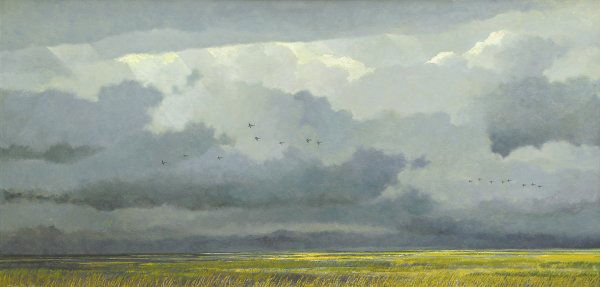 Painting Eric Sloane American: Framed oil on board, ''Wetlands,'' by Eric Sloane (American 1905-1985), signed lower left, titled verso, sight: 24''H x 48''W, overall: 25.25''H x 49''W