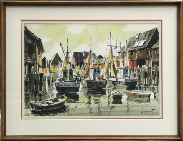 Watercolor Davis Schwartz Californian: Framed watercolor, Dock Scene, by Davis F. Schwartz (Californian 1879-1969), signed lower right, sight: 14.5''H x 21.5''W, overall: 22''H x 29''W