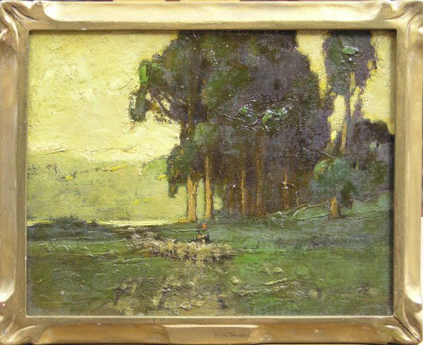 Painting Karl Schmidt Californian tonal: Framed oil on board, Tonal Landscape with Flock of Sheep, by Karl Schmidt (Californian 1890-1962), unsigned, artist address on frame verso, sight: 7.5''H x 9.5''W, overall: 8 3/4''H x 10 3/4''W. Museu